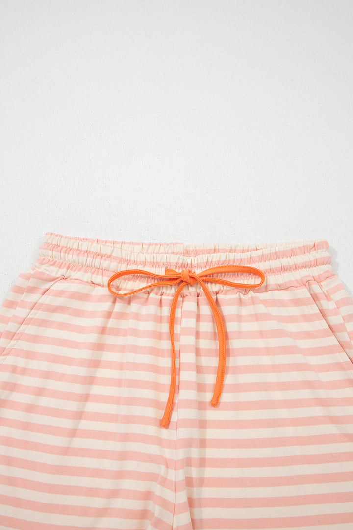 Pink Stripe Contrast Neck Loose Tee and Drawstring Shorts Set