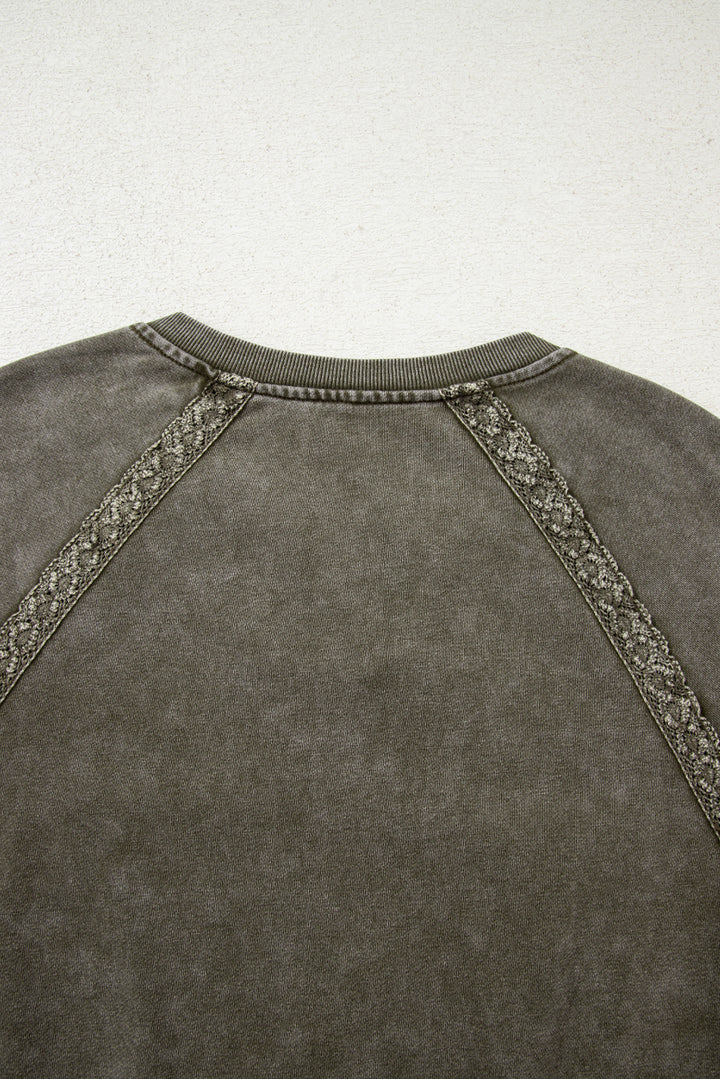 Jungle Green Lace Patchwork Detail Notched Neck Mineral Wash Baggy Sweatshirt