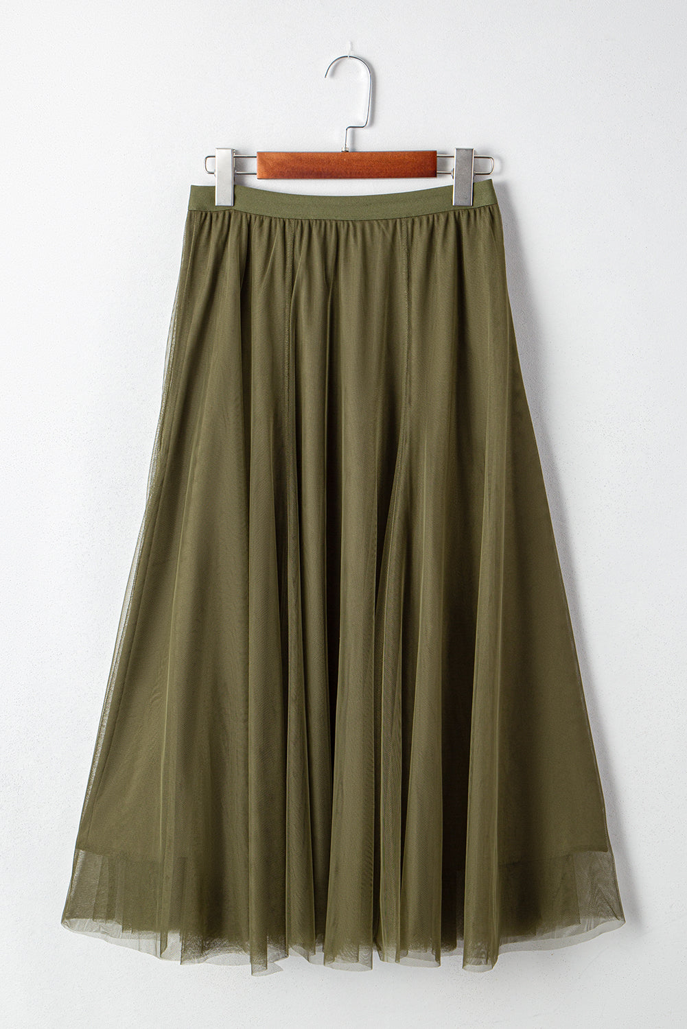 Jungle Green Tulle Mesh Overlay Flared Midi Skirt