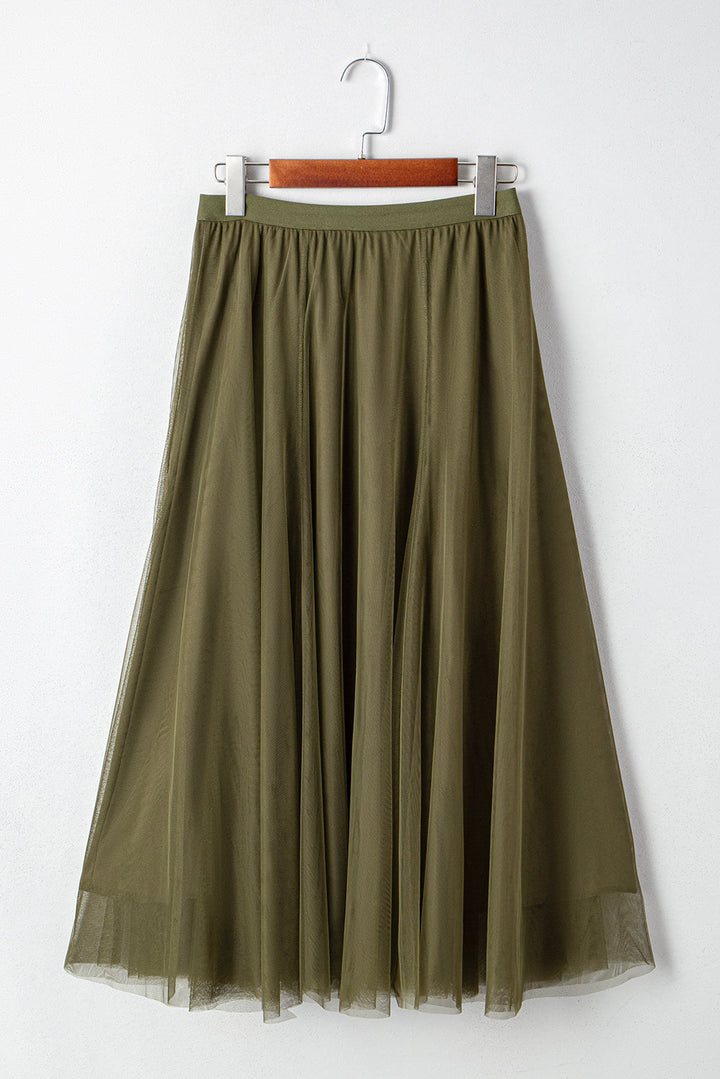 Jungle Green Tulle Mesh Overlay Flared Midi Skirt