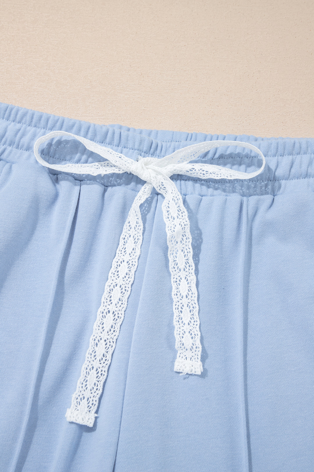 Sky Blue Lace Accent Zipped Collar Short Sleeve Top Sweatpants Set