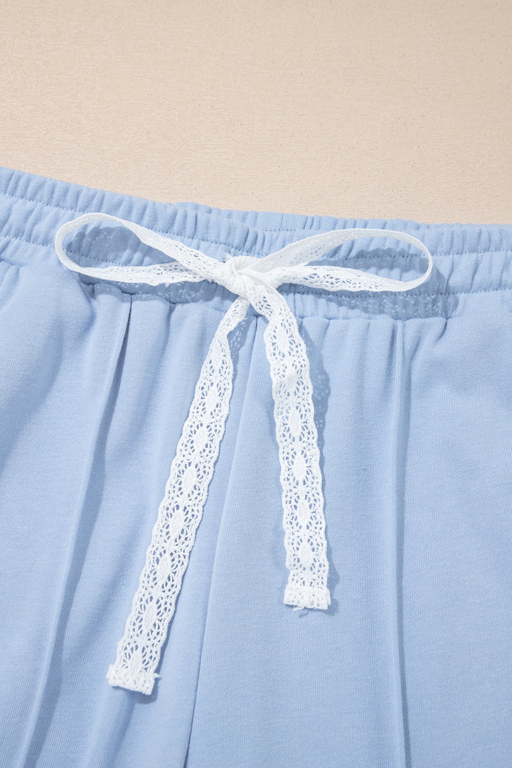 Sky Blue Lace Accent Zipped Collar Short Sleeve Top Sweatpants Set