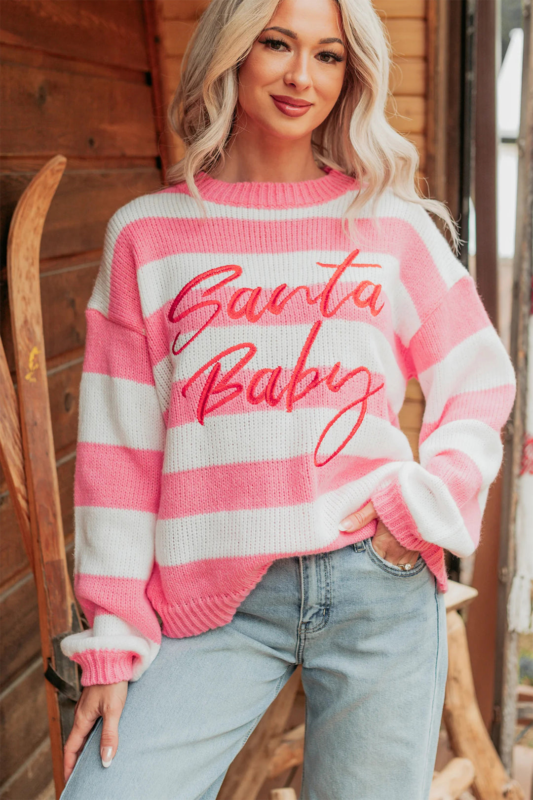 Pink Stripe Santa Baby Embroidered Christmas Slogan Drop Shoulder Pullover Sweater