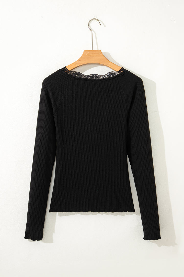 Black Lace Neckline Button Decor Lettuce Edge Long Sleeve Ribbed Top