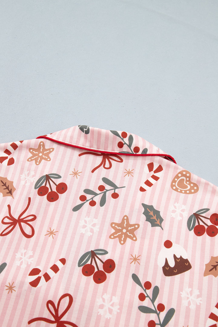 Pink Abstract Christmas Print Short Sleeve Two Piece Lounge Set