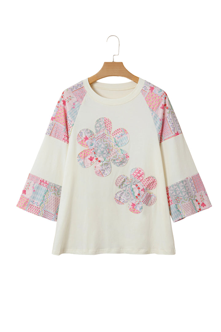Beige Color Block Retro Floral Patchwork Long Sleeve Top