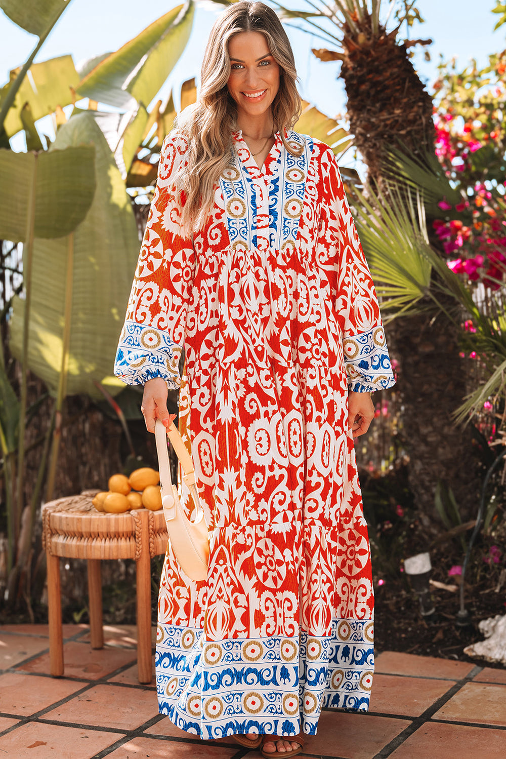 Boho Geometric Printed Long Sleeve Maxi Dress