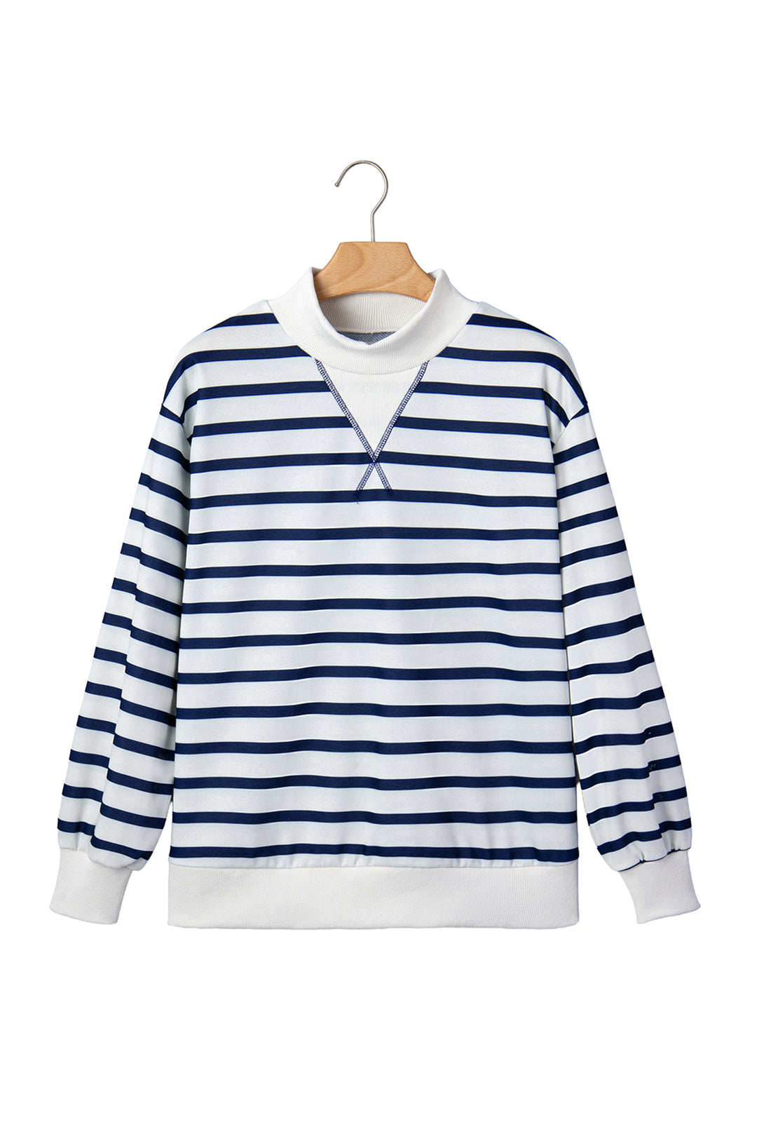 Blue Stripe Striped Stand Neck Long Sleeve Ribbed Cuff Hem Sweatshirt