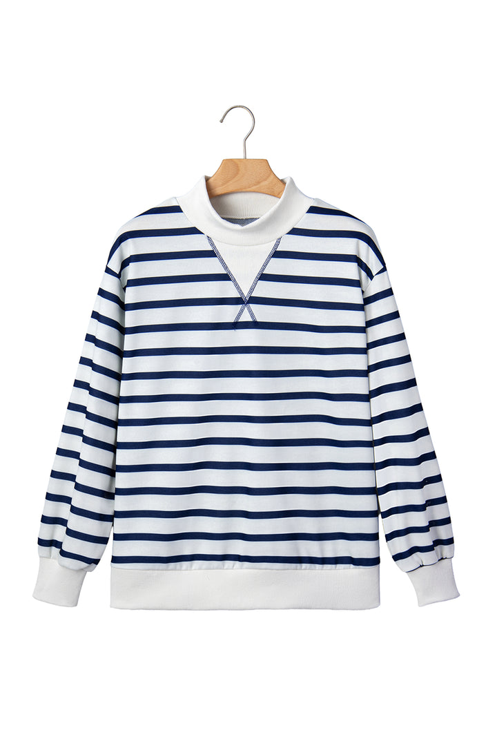 Blue Stripe Striped Stand Neck Long Sleeve Ribbed Cuff Hem Sweatshirt