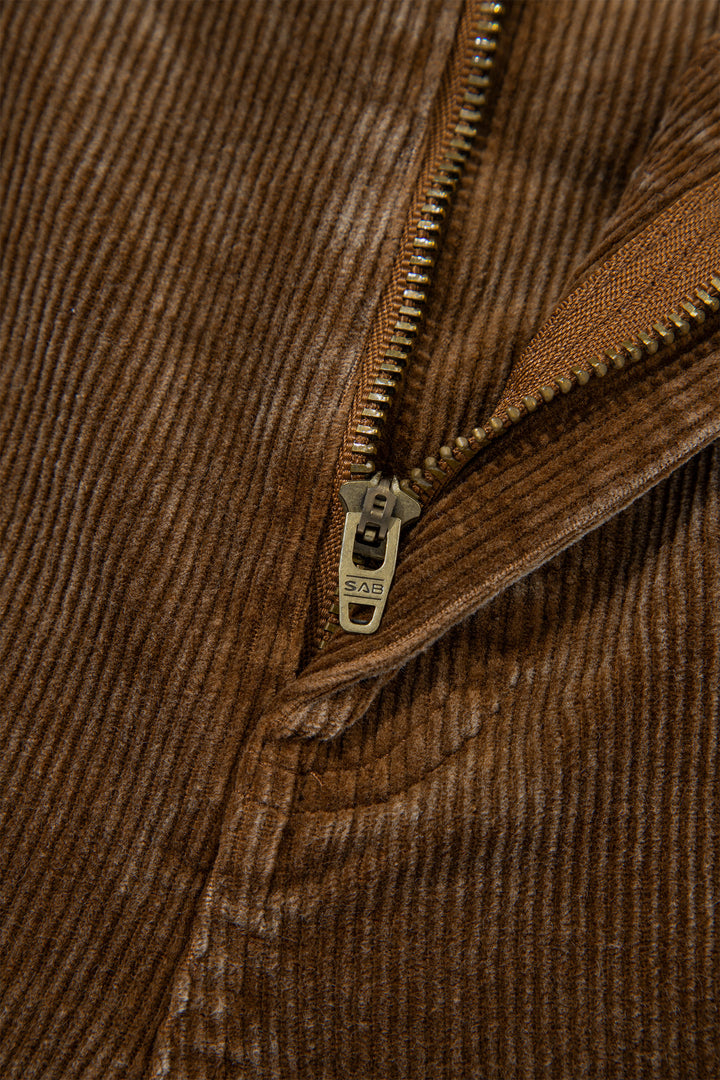 Camel Straight Leg Corduroy Metal Button Zip-up Pants