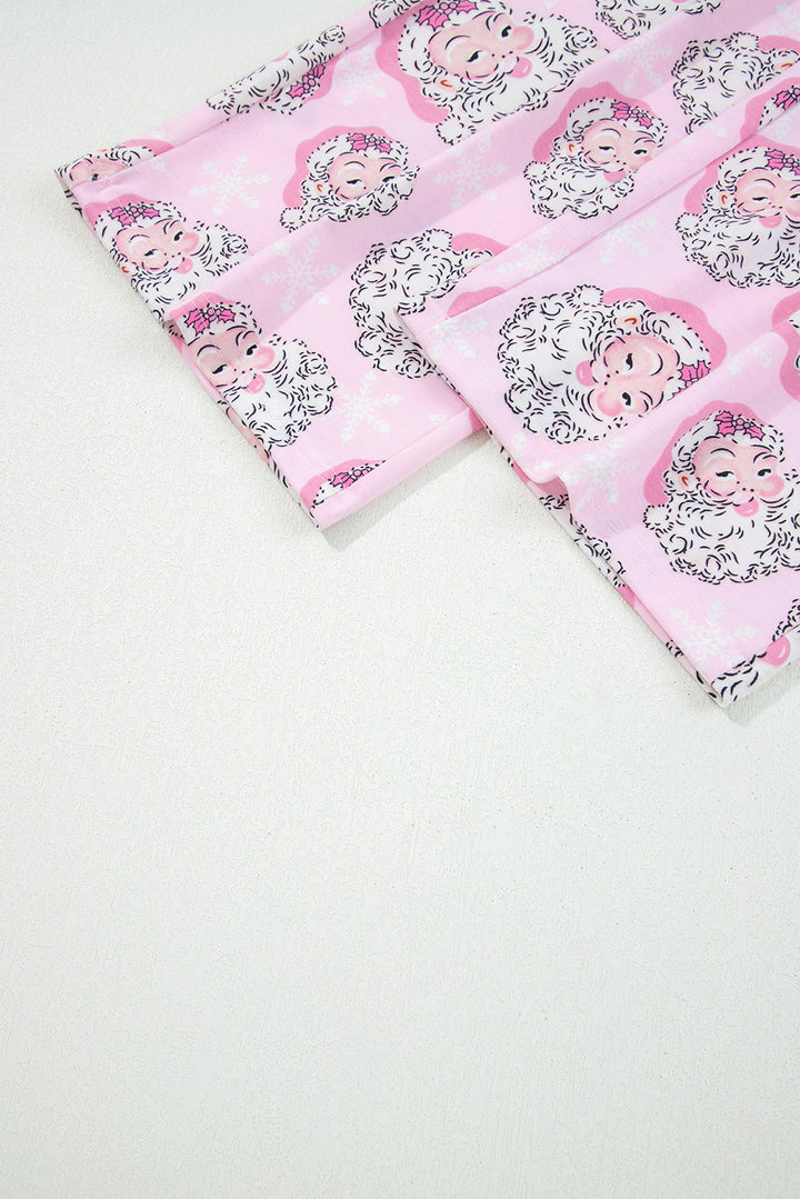Pink Santa Claus Print V Neck Tee Drawstring Pants 2pcs Lounge Set