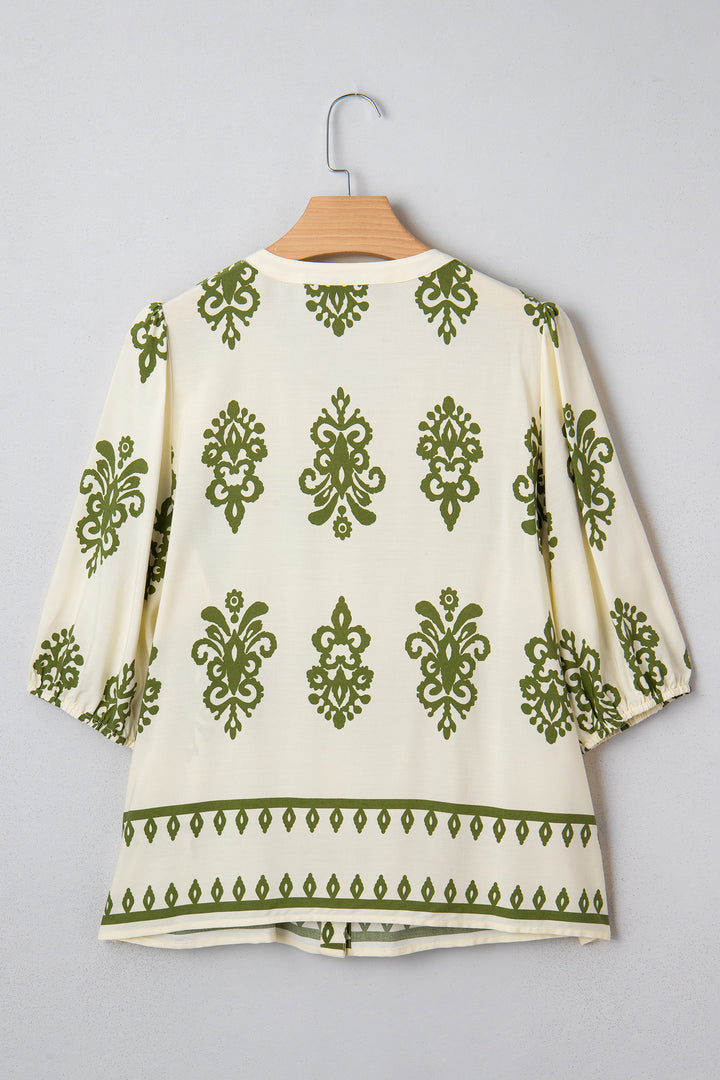 Floral Print Tie V Neck Button Down Puffy Half Sleeve Shirt