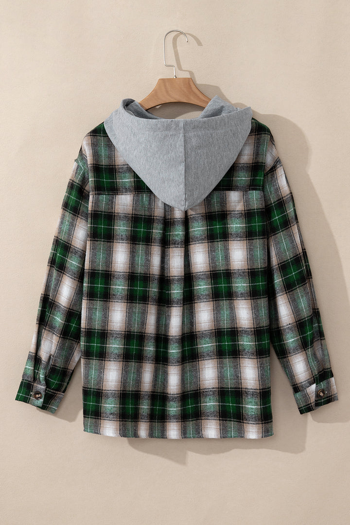 Veste à capuche boutonnée avec poche poitrine et imprimé écossais