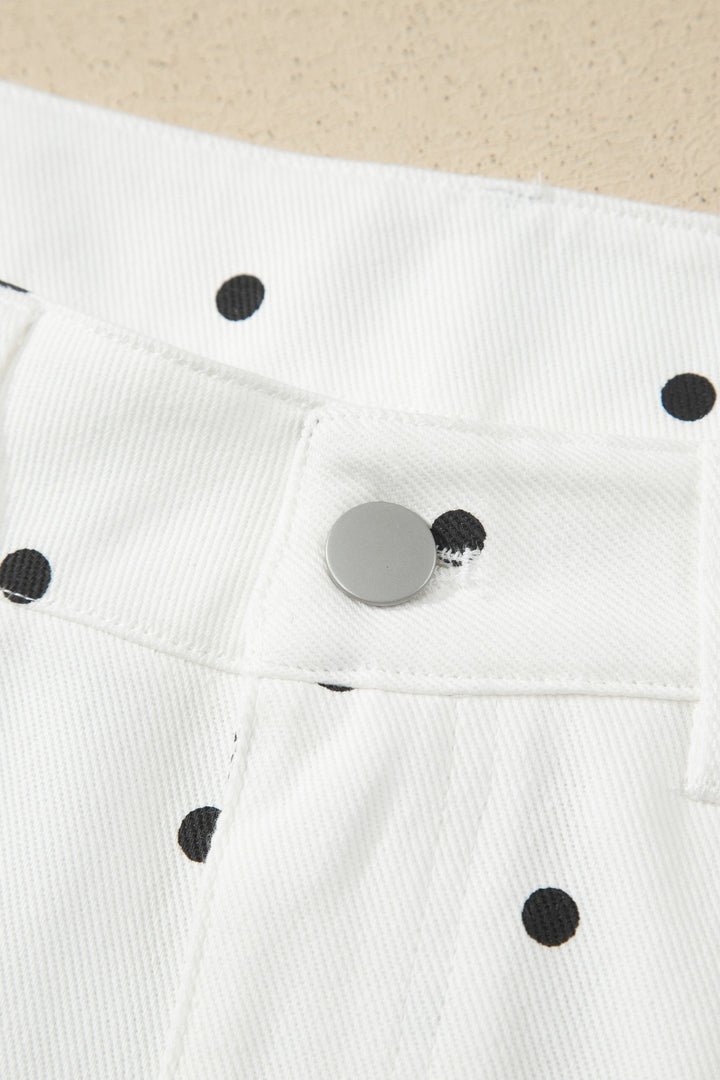 White Polka Dot Print Embroidered Scallop Hem Shorts