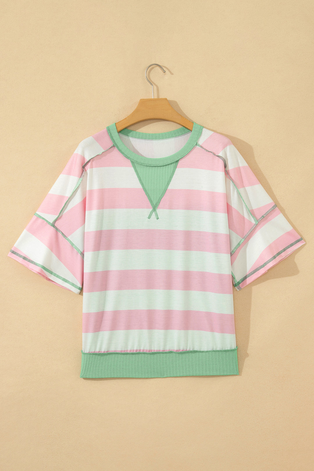 Pink Stripe Exposed Seam Ribbed Patchwork Oversized Tee