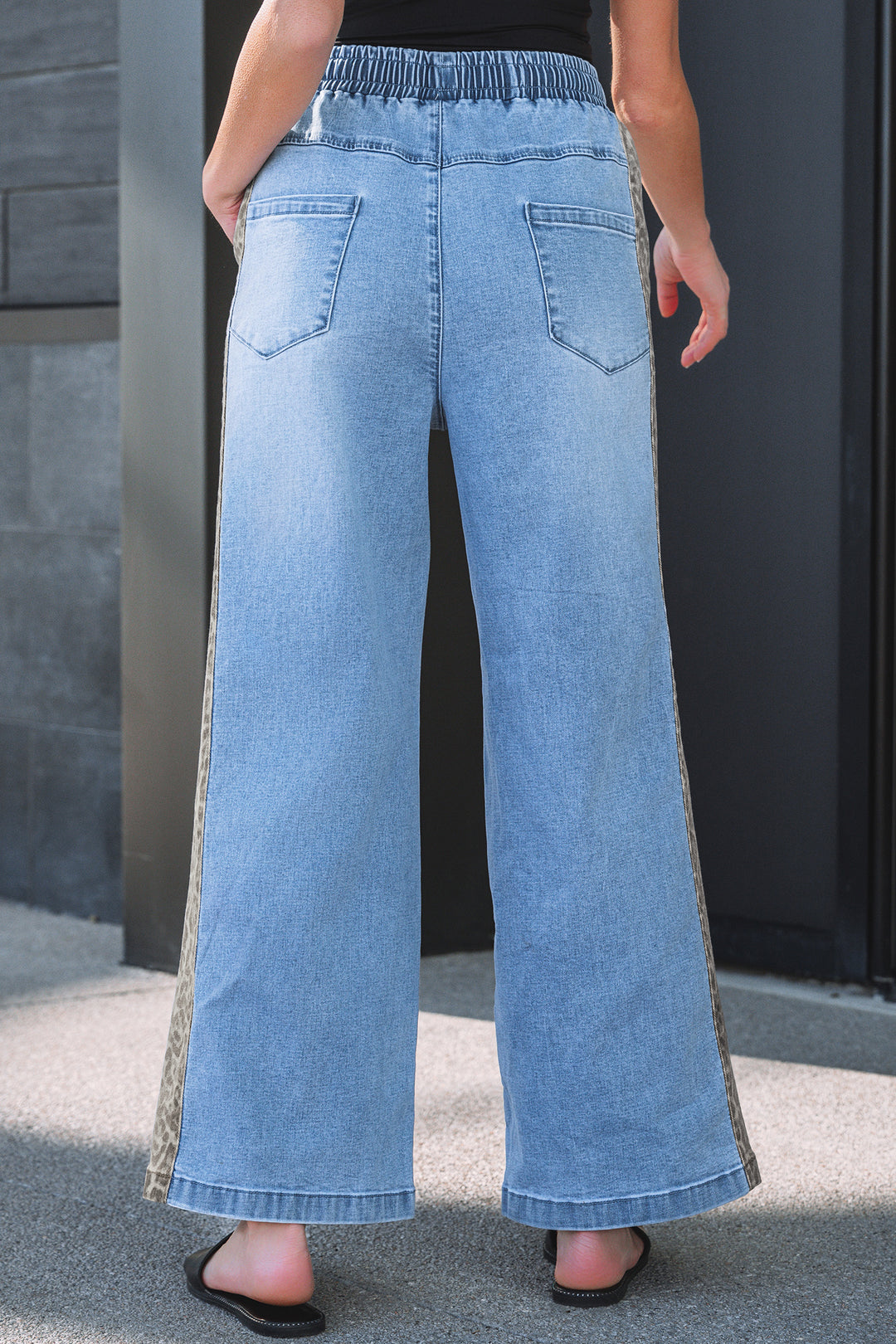 Beau Blue Drawstring Elastic Waist Leopard Striped Side Panel Wide Leg Jeans