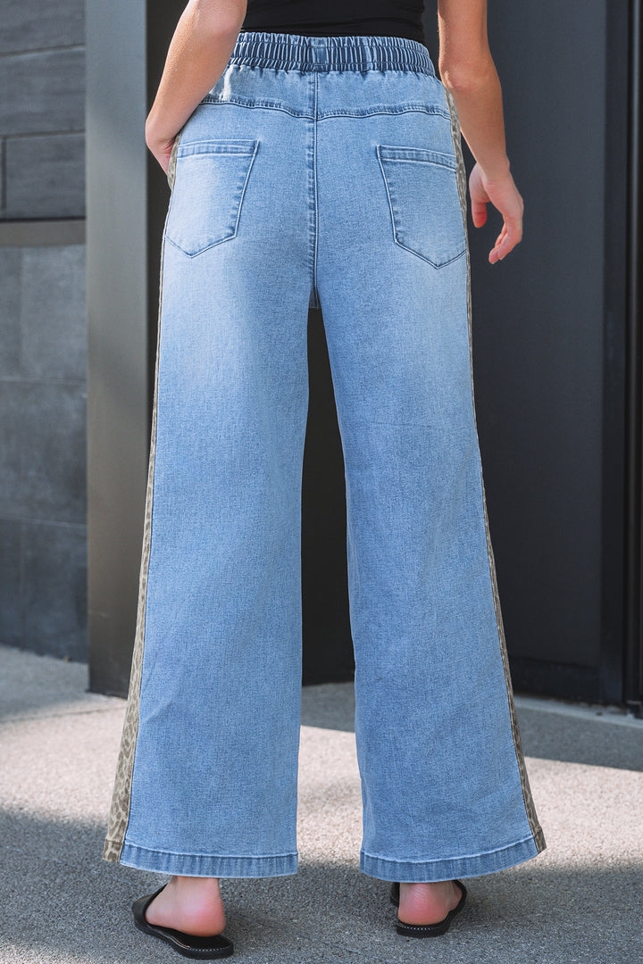 Beau Blue Drawstring Elastic Waist Leopard Striped Side Panel Wide Leg Jeans