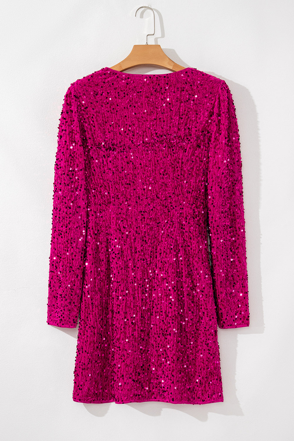 Pitaya Pink Velvet Sequin Long Sleeve V Neck Wrapped Party Mini Dress