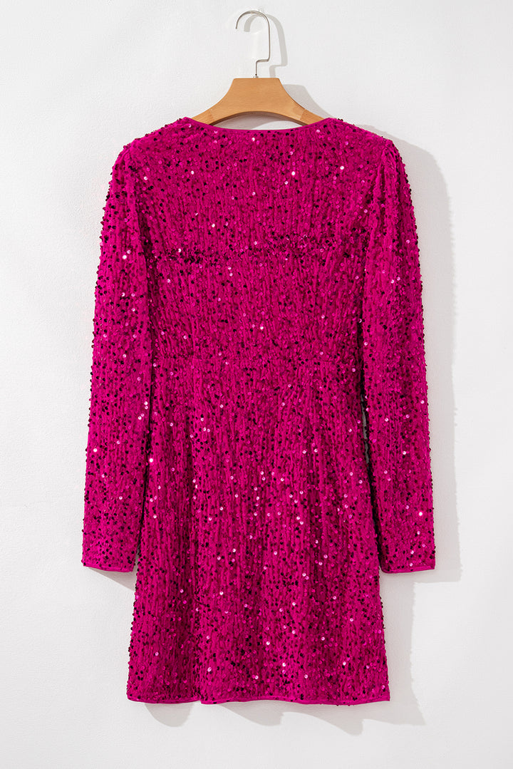 Pitaya Pink Velvet Sequin Long Sleeve V Neck Wrapped Party Mini Dress