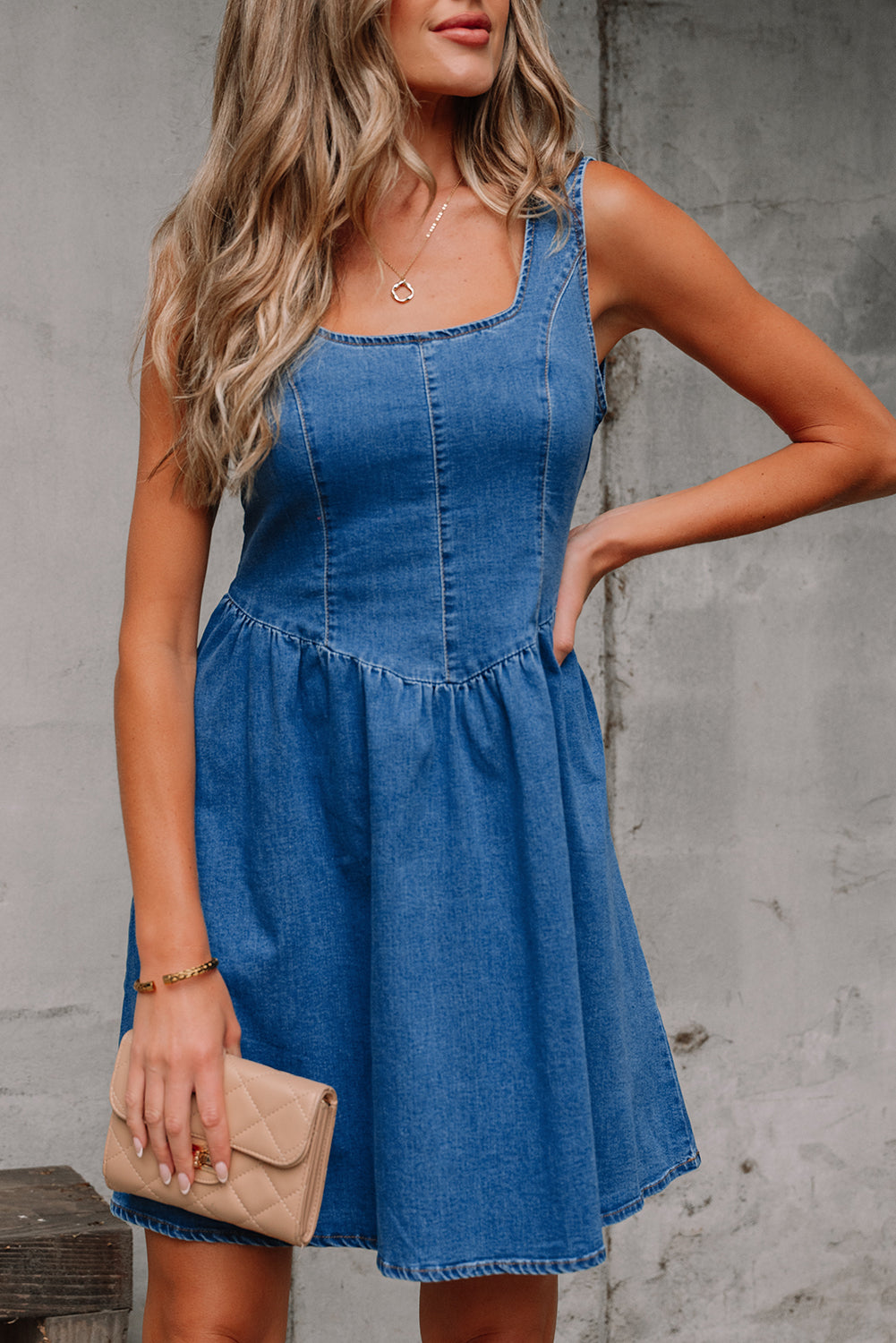 Square Neck Bowknot A-line Sleeveless Denim Dress