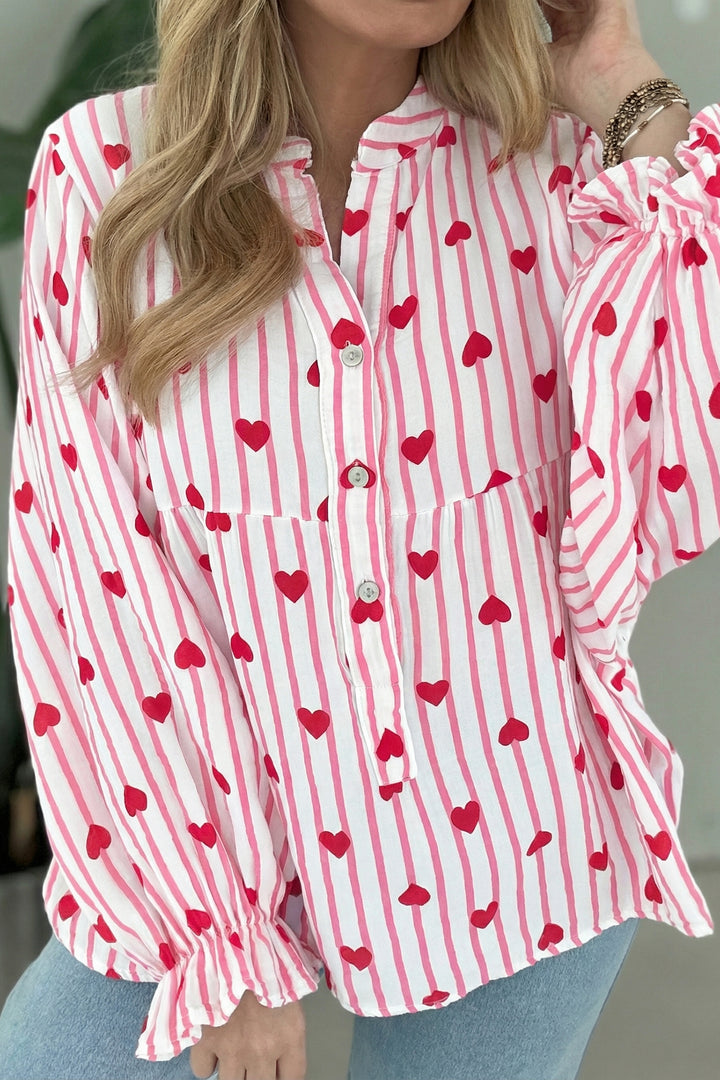 Textured Heart Print Long Flounce Sleeve Shirt