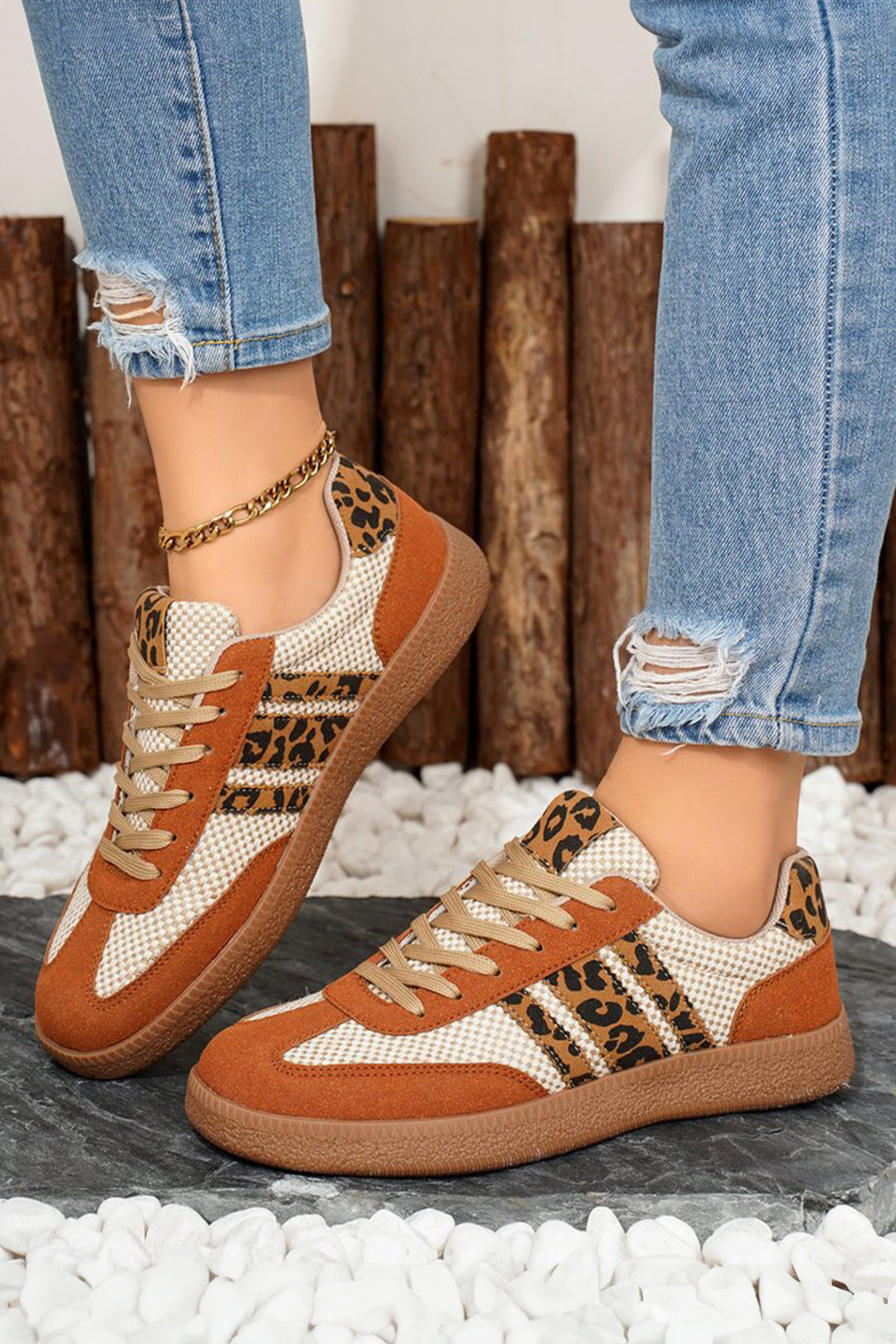 Checkered Leopard Color Block Patchwork Lace Up Sneakers