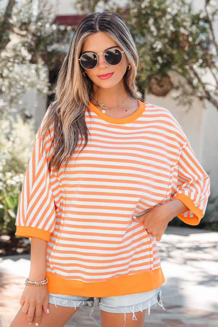 3/4 Sleeve Exposed Seam Patchwork Pullover Top