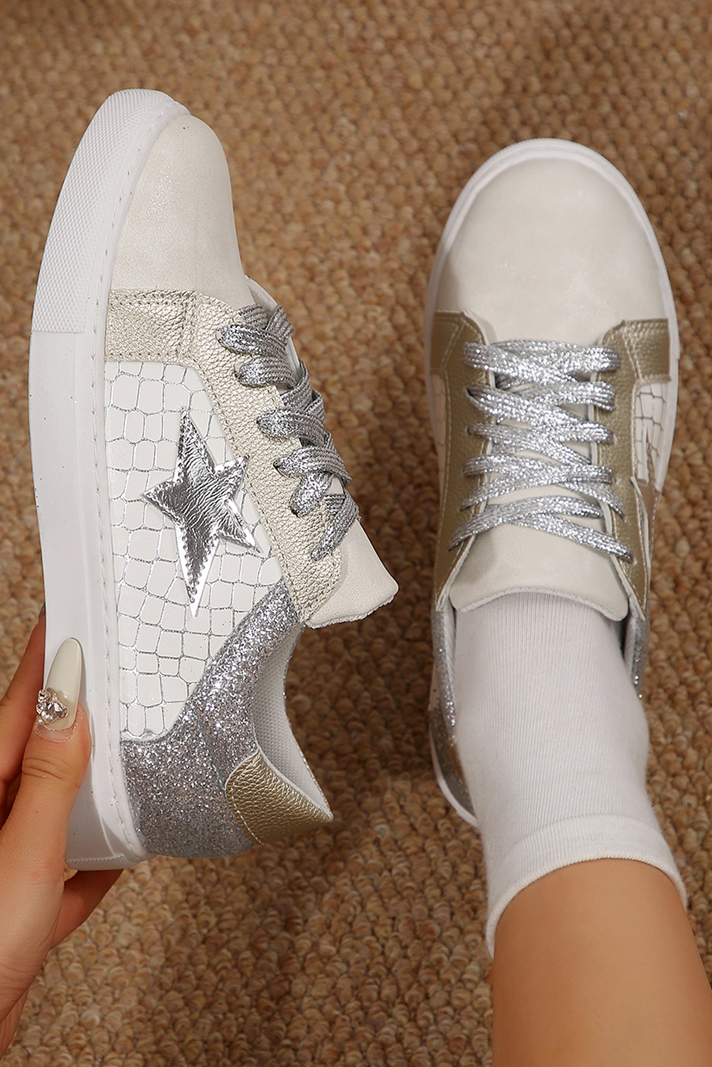 Glitter Star Patchwork PU Leather Lace-up Sneakers