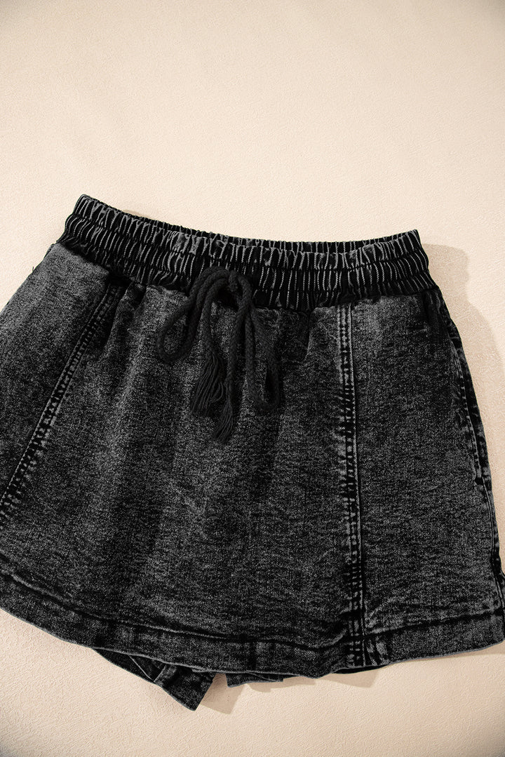 Black Drawstring Elastic Waistband Pocketed Denim Shorts
