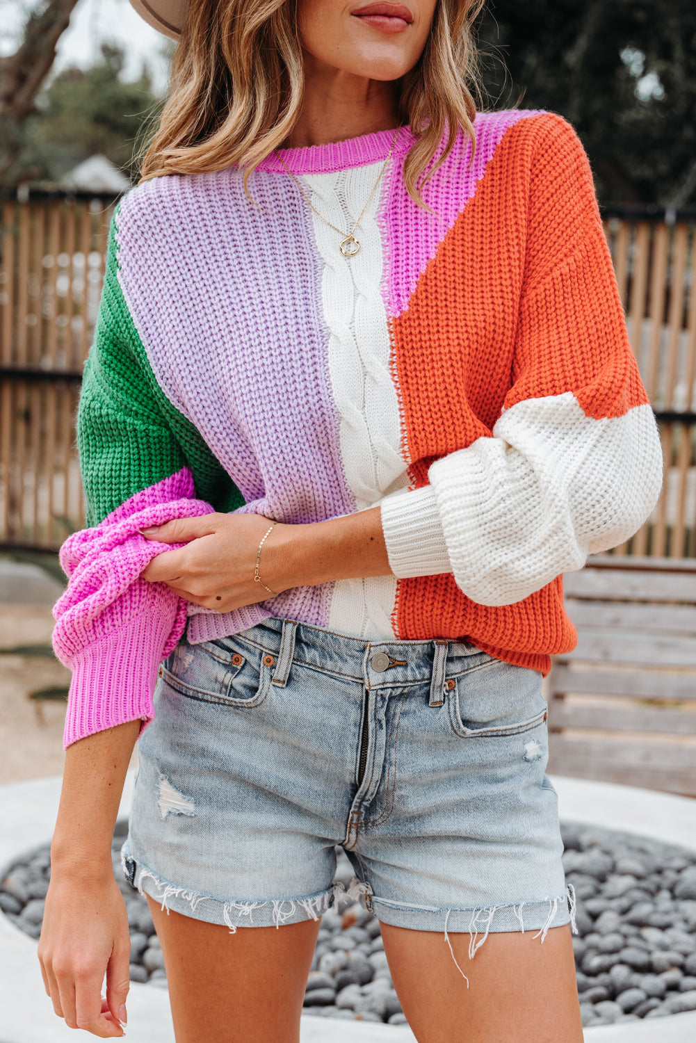 Color Block Textured Knit Drop Shoulder Loose Fit Sweater
