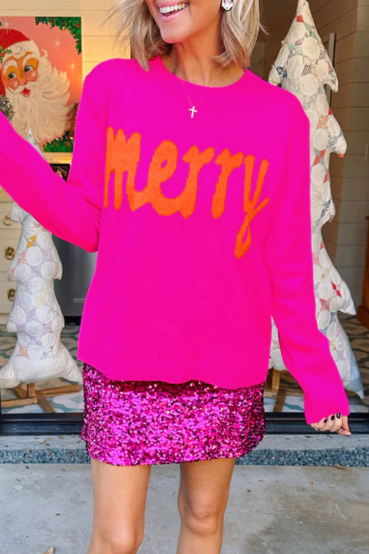Rose Red Merry Print Ribbed Trim Round Neck Loose Fit Sweater