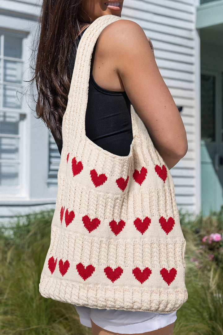 Heart Pattern Knit Large Shoulder Bag