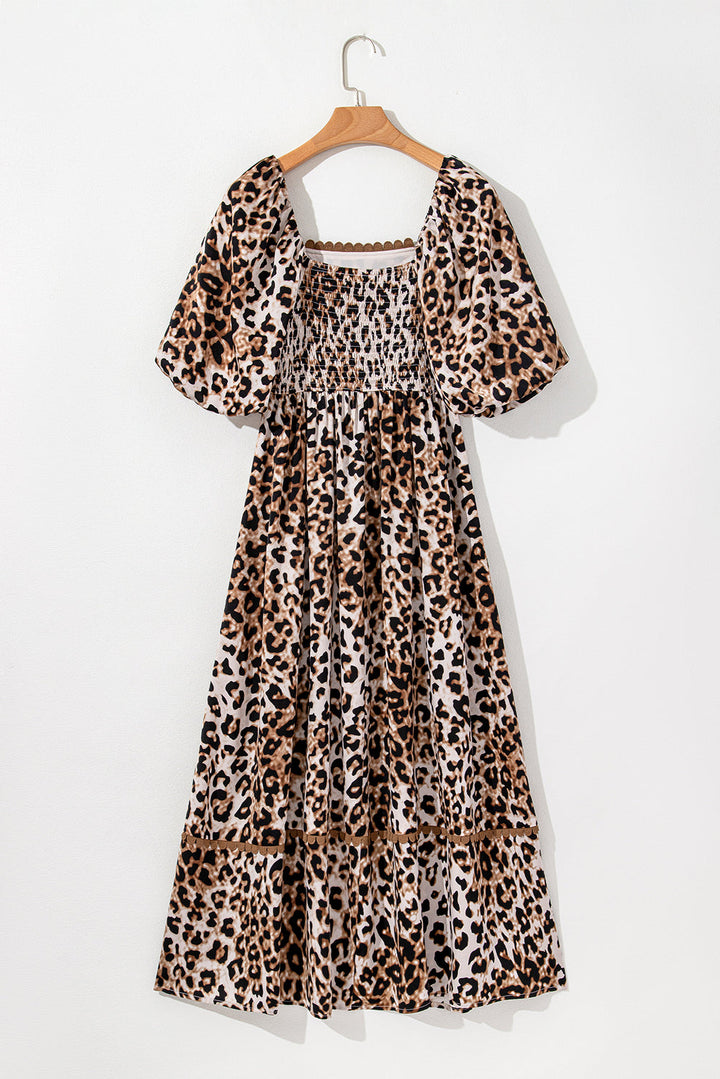 Leopard Print Bubble Sleeve Square Neck Maxi Dress