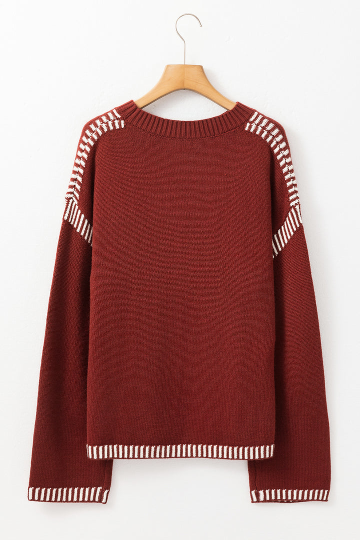 Color Contrast Trim Drop Shoulder Crew Neck Sweater