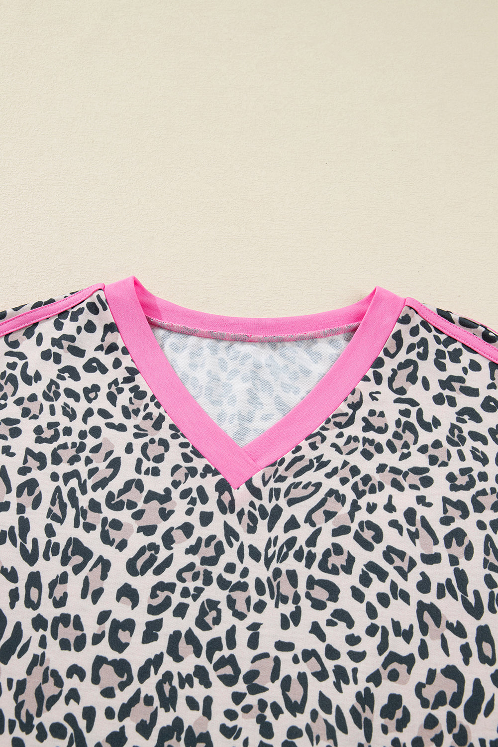 Leopard Print Contrast V Neck Varsity Stripe Detail Long Sleeve Top