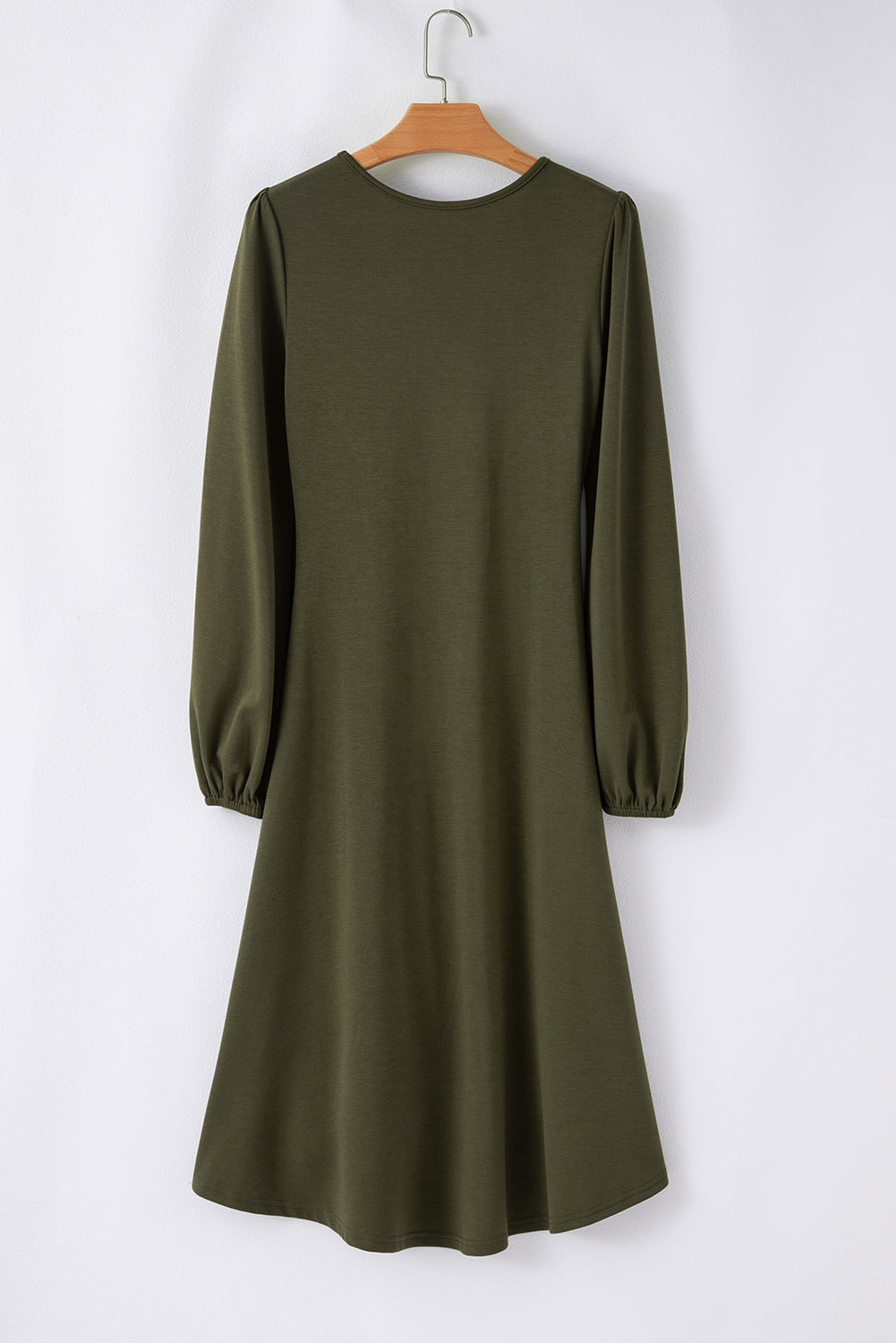 Jungle Green Solid Color Ruched Detail Long Sleeve Midi Dress