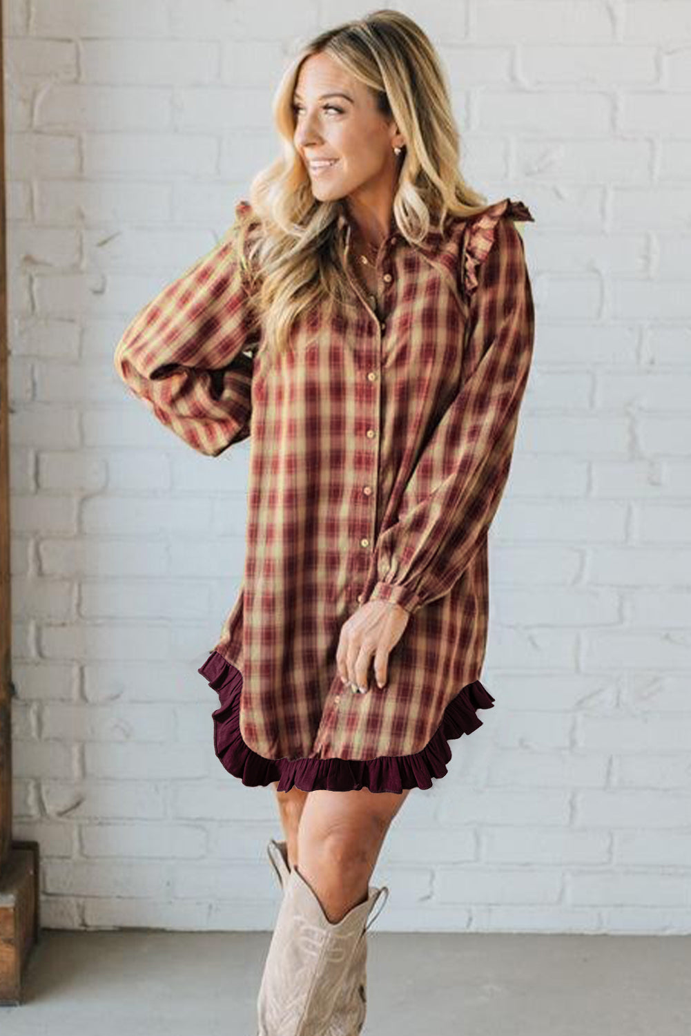 Plaid Print Ruffled Long Sleeve Patchwork Hem Mini Shirt Dress