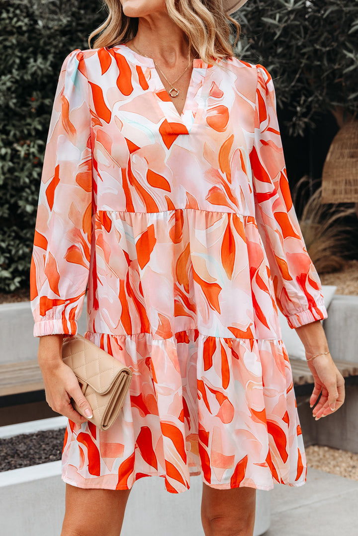 Abstract Print Split Neck Long Sleeve Dress