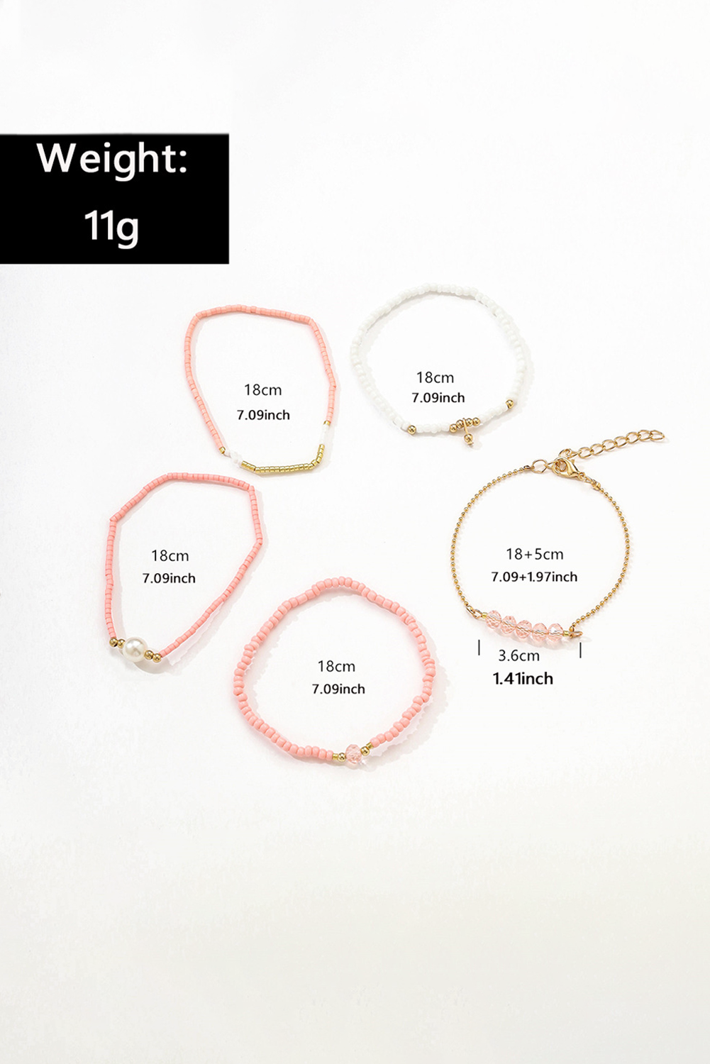 Pearl Crystal Bead Detail 5pcs Elastic Bracelet Set