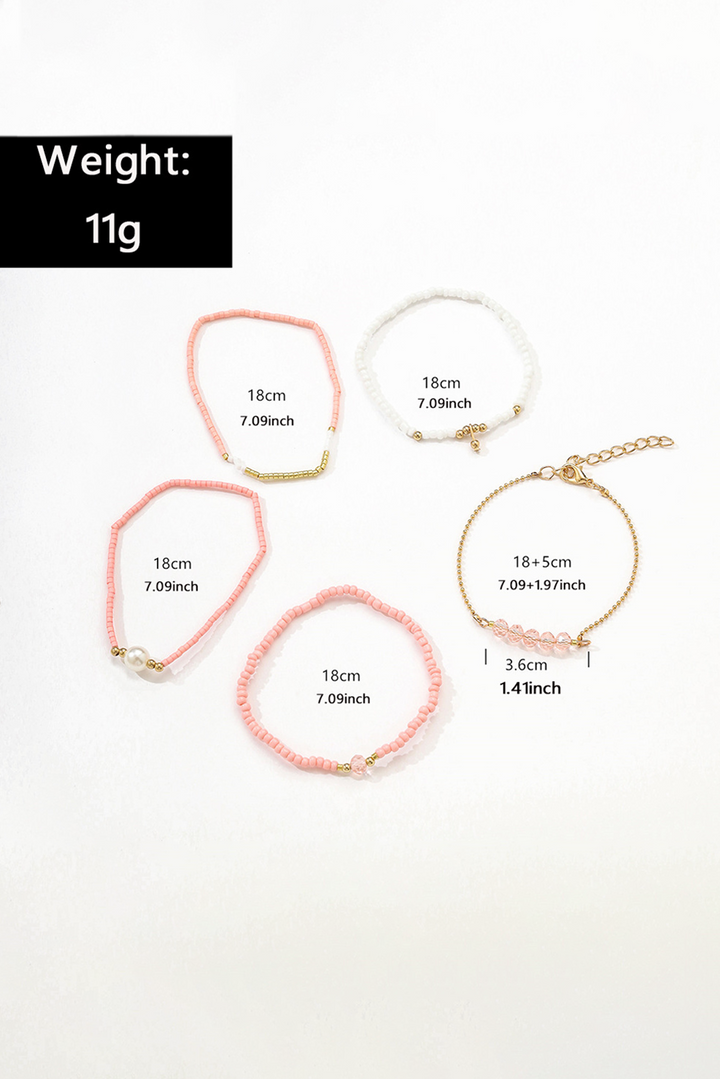 Pearl Crystal Bead Detail 5pcs Elastic Bracelet Set
