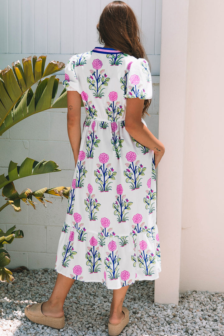 Chic White Floral Puff Short Sleeve V Neck Maxi Dress