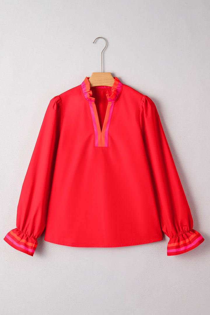 Striped Trim Ruffle Split Neck Long Sleeve Blouse