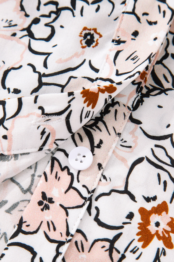 Bold Floral Print Frilled Puff Sleeve Button Down Shirt