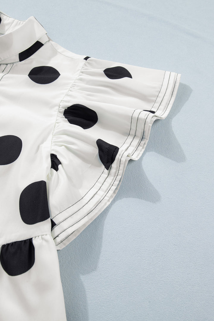 Polka Dot Print Half Button Ruffled Short Sleeve Loose Mini Dress