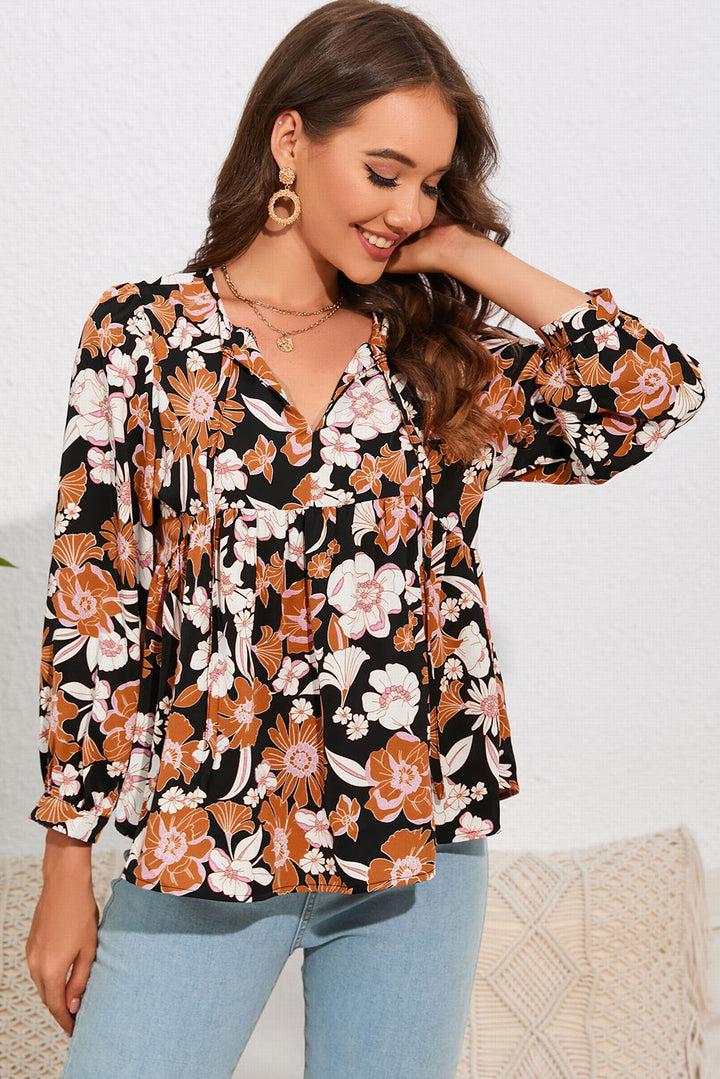 Brown Floral Print 3/4 Sleeve Babydoll Blouse