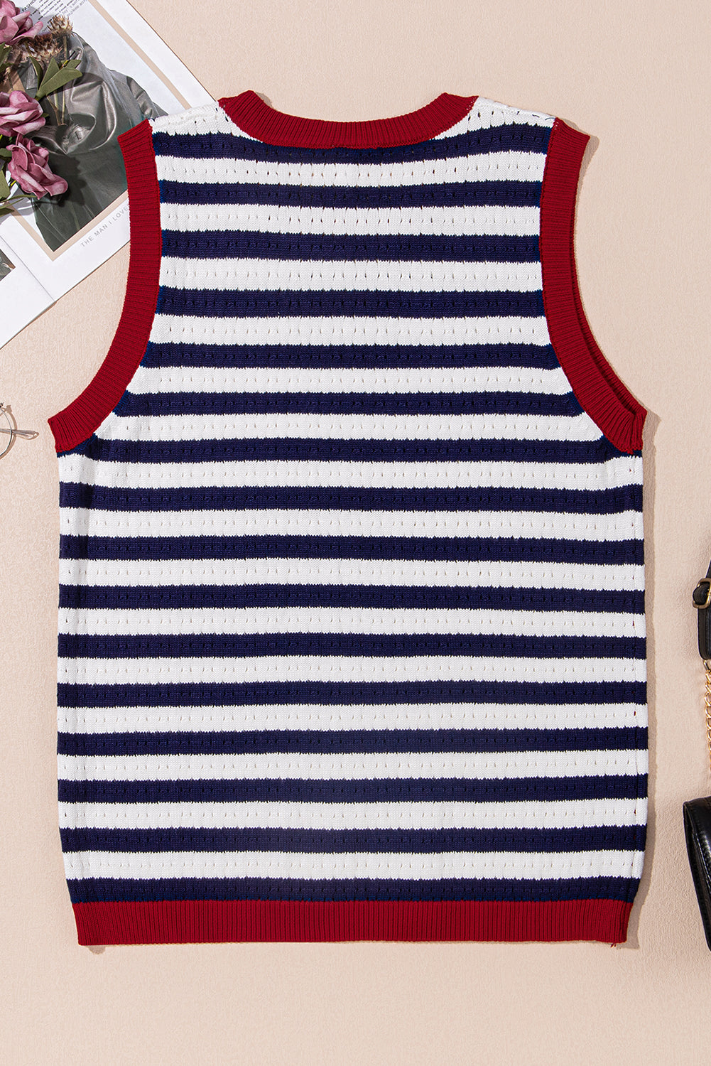 Navy Stripe Pointelle Knit Contrast Trim Sleeveless Sweater Top