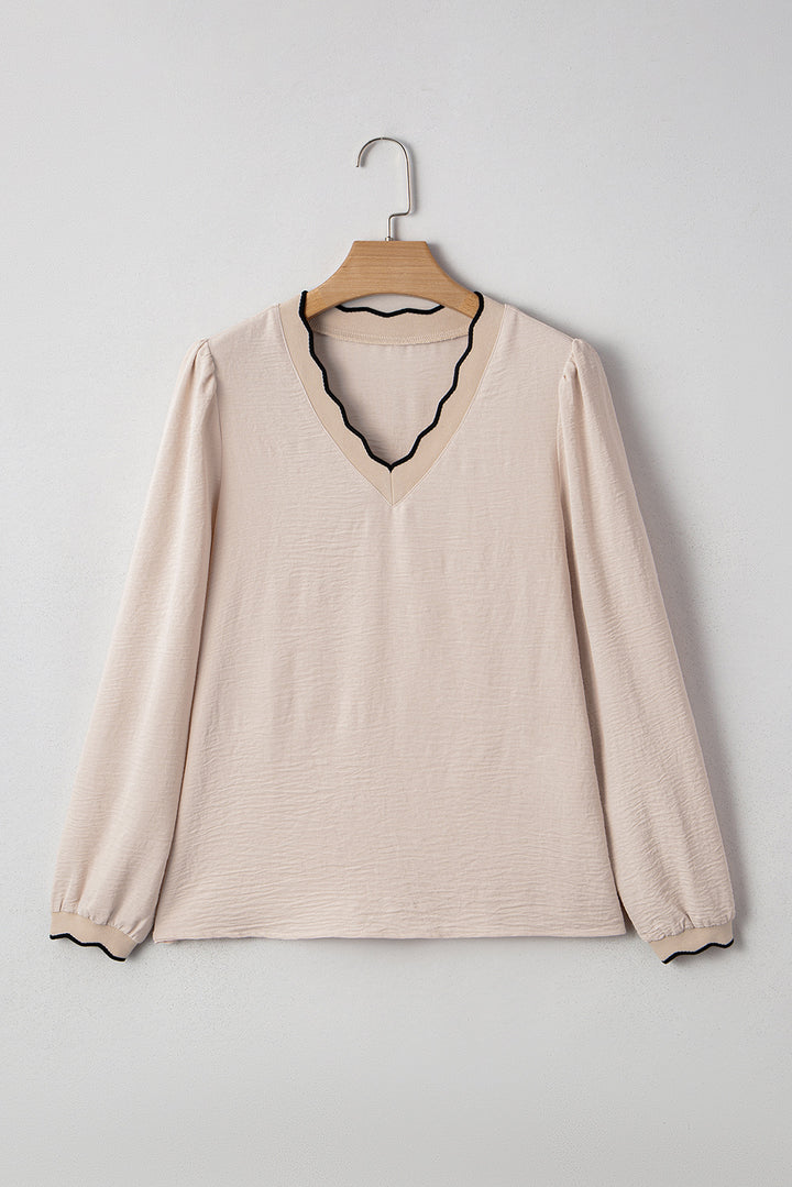 Jet Stream Contrast Scallop Trim V Neck Long Sleeve Blouse