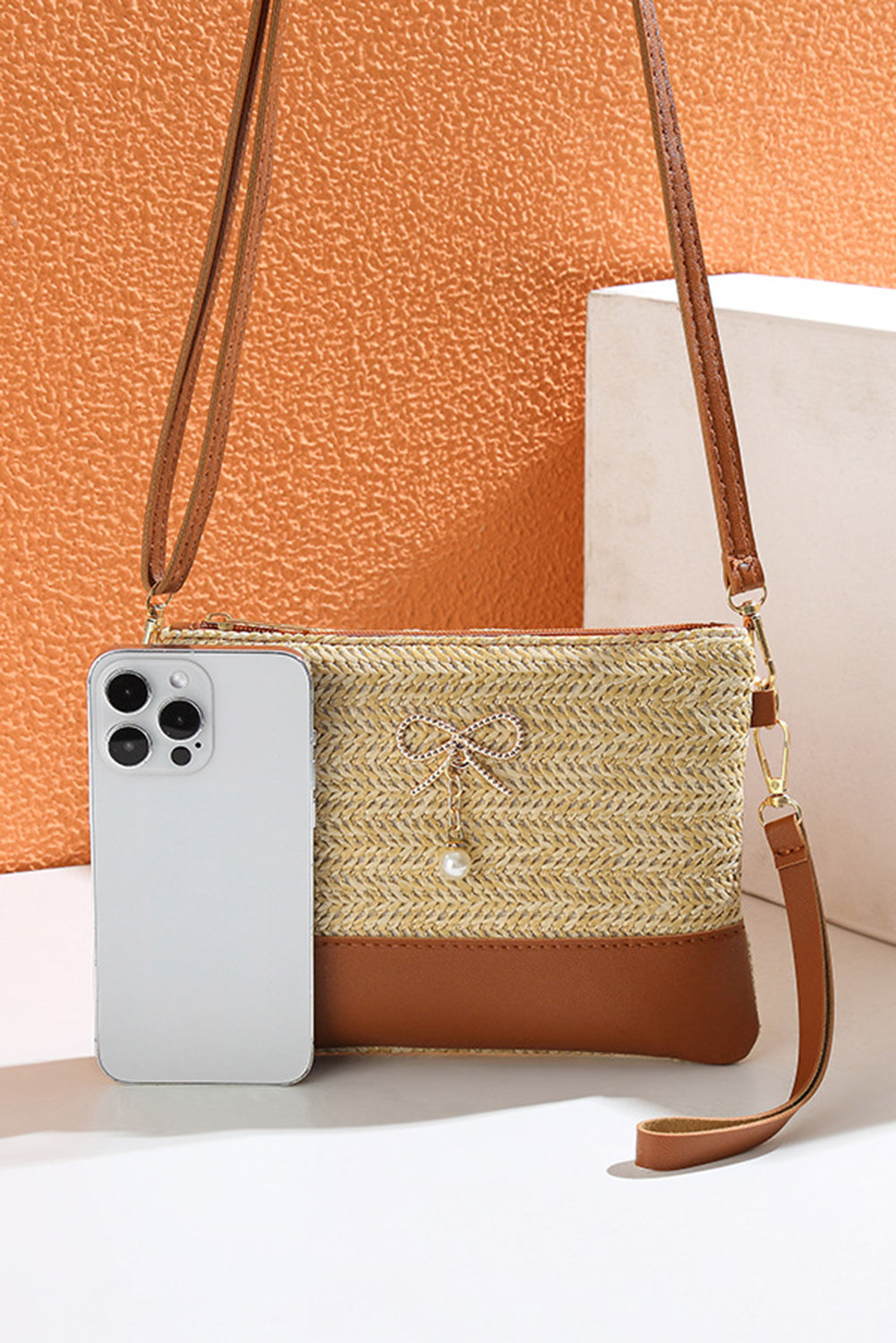 Bow Pearl Decor Straw PU Leather Patched Crossbody Bag