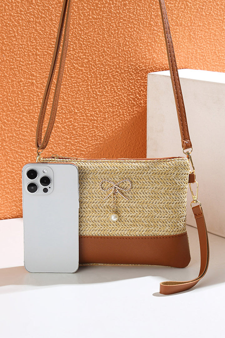 Bow Pearl Decor Straw PU Leather Patched Crossbody Bag