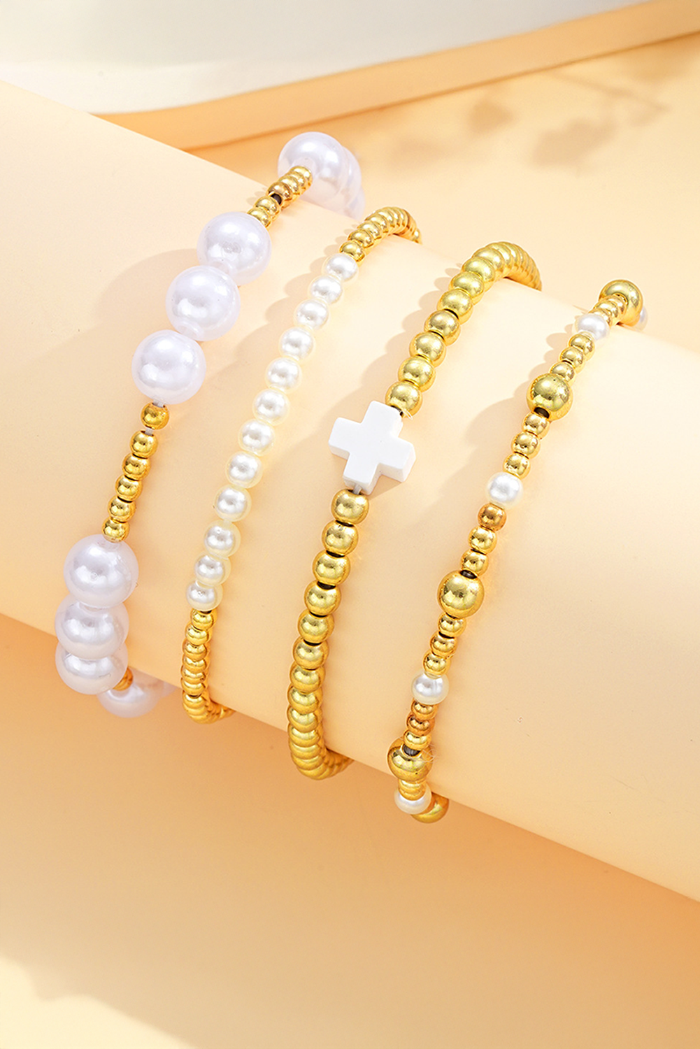 Bracelet extensible multicouche en alliage plaqué perle
